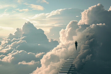 A captivating image of an individual climbing a staircase that extends into a surreal white cloud, creating an amazing and dreamlike visual narrative. Photo