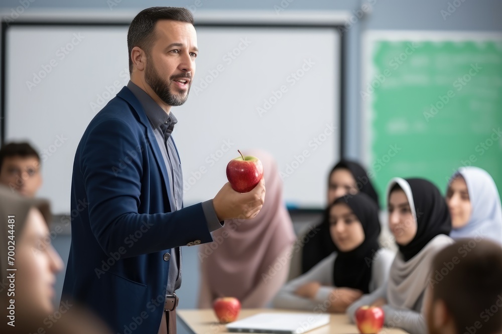 Poster hyper-realistic photo of a teacher instructing in the classroom, copy space on left side, canon eos 