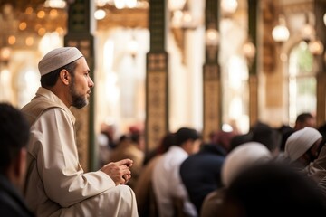 In a grand Islamic hall adorned with intricate calligraphy, a diverse audience of Muslims, elegantly attired in Islamic dress, gathers to listen to an esteemed Islamic scholar. 