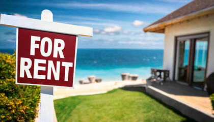 For rent sign with tropical beach in background. Ocean front vacation rental property - obrazy, fototapety, plakaty