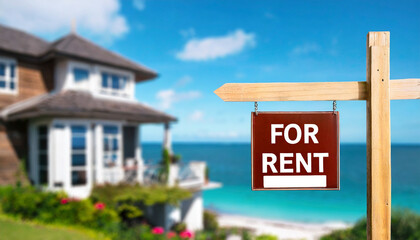 For rent sign with tropical beach in background. Ocean front vacation rental property