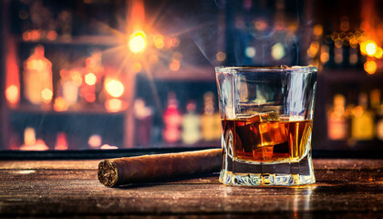 Whiskey with cigar on old wooden table and bar background. - obrazy, fototapety, plakaty