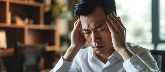 An Asian office worker is experiencing a headache due to work stress and the inability to resolve issues. - obrazy, fototapety, plakaty
