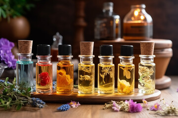 Various bottles of aromatherapy essential oils on a table with plants and herbs