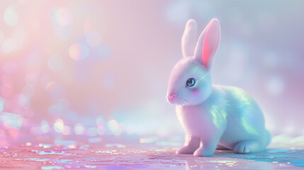 Minimal surrealism background with easter bunny in pastel holographic colors with gradient - obrazy, fototapety, plakaty