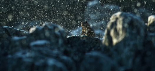 Snow leopard in snowy rocky mountains during blizzard.