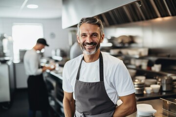 Fototapeta na wymiar Middle aged caucasian european kitchen chef in a modern restaurant kitchen smiling , portrait, behance photographys unsplash 8k, real photo, photography