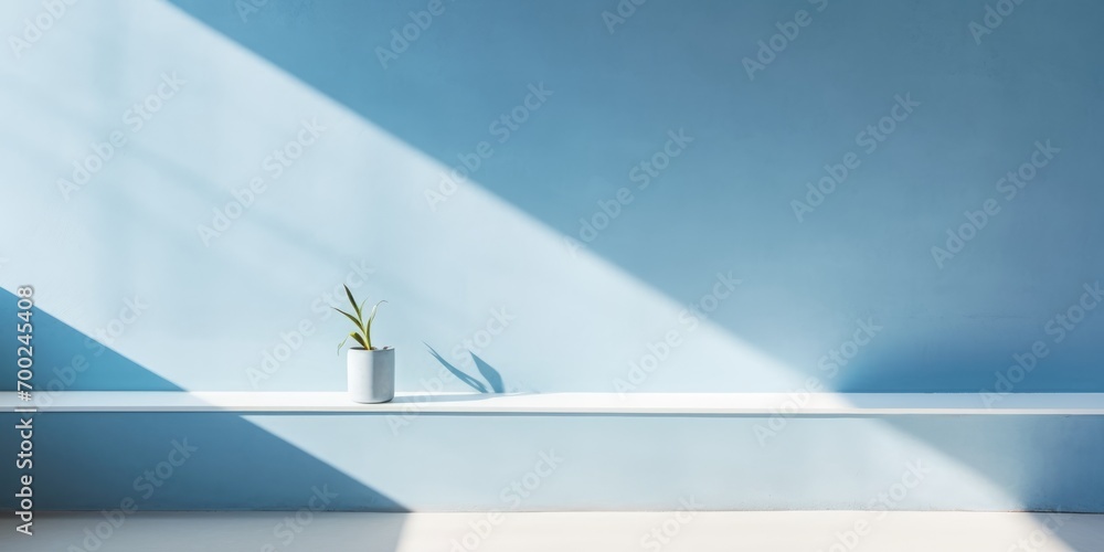 Poster minimal abstract light blue background for product presentation. shadow and light from windows on pl