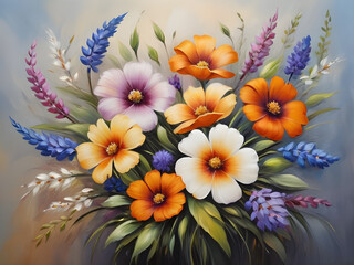 Colorful flowers on gray background, painting