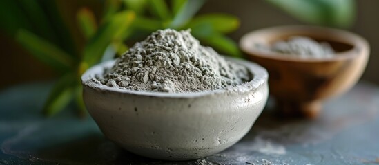 Close-up view of gray bentonite clay in a small white bowl, serving as a DIY mask and body wrap recipe for a natural beauty treatment and spa. - obrazy, fototapety, plakaty