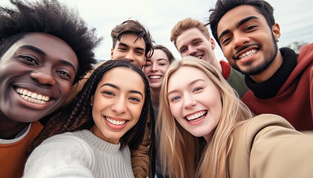 Big group of friends taking selfie picture smiling at camera , Laughing young people celebrating standing outside and having fun , Portrait photography of teens guys and girls enjoying vacation
