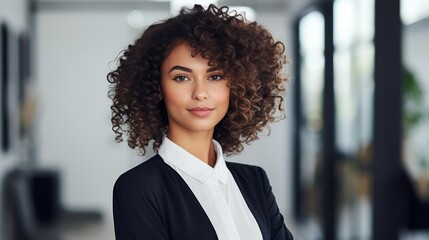 Mujer de raza negra con pelo corto rizado , ejecutiva de una empresa, con camisa blanca y brazos...