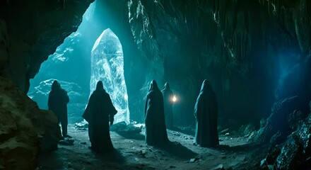 Cloaked figures stand in a cave before a large crystal illuminated by blue light. The concept of a secret meeting in a mysterious location.