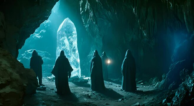 Cloaked figures stand in a cave before a large crystal illuminated by blue light. The concept of a secret meeting in a mysterious location.