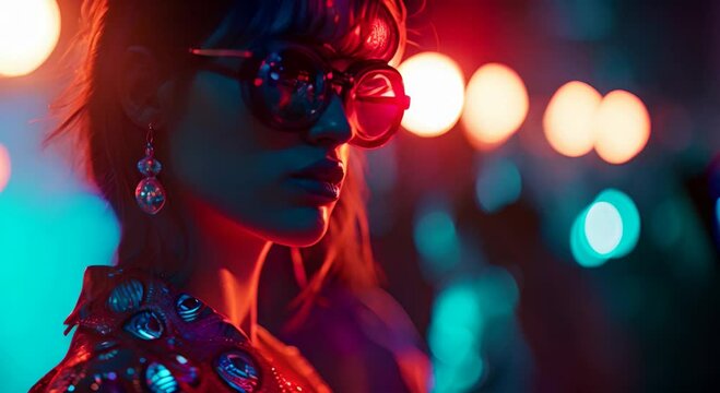 A woman with stylish sunglasses and an earring, set against a background of vibrant bokeh lights. The concept is modern fashion
