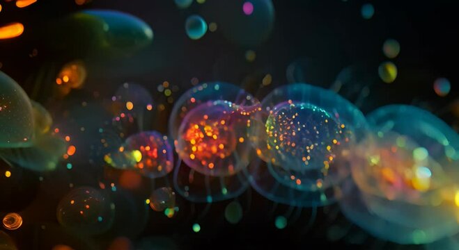 Colorful microscopic organisms resembling jellyfish in a dark field of view. Marine plankton concept.