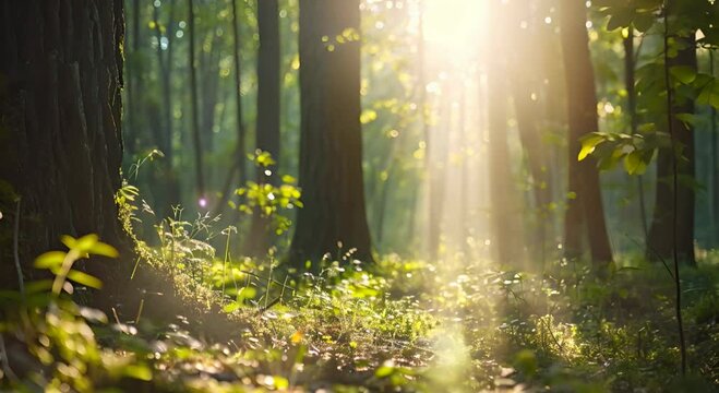 Sun rays piercing through the forest trees, illuminating green moss and vegetation. The concept of a fresh morning forest.