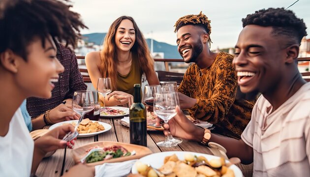 Multiethnic friends having fun at rooftop bbq dinner party , Group of young people diner together sitting at restaurant dining table , Cheerful multiracial teens eating food and drinking wine outside
