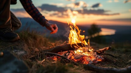 A person is lighting a fire in a campfire at sunset