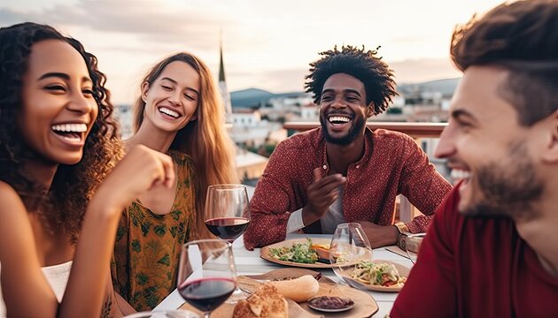 Multiethnic friends having fun at rooftop bbq dinner party , Group of young people diner together sitting at restaurant dining table , Cheerful multiracial teens eating food and drinking wine outside