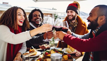 Happy friends group toasting red wine dining at restaurant terrace , Young people socializing drinking and eating food sitting outside at winery bar table , Winter season , Dinner lifestyle - obrazy, fototapety, plakaty