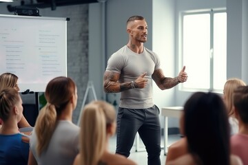Personal development coach. athletic man. free clothing style. short haircut, shaved temples. smiles. stands facing the audience, pointing to a flipchart with a diagram. 