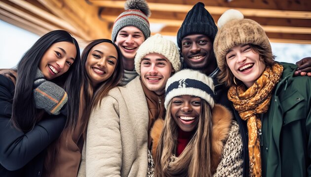 Young people wearing winter clothes hanging outside on winter vacation