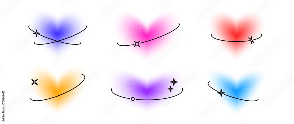Poster y2k hearts with eclipse line elements set. colorful blurry aura shape collection. blurred smooth gra