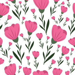 Seamless pink floral pattern on isolated background. Flat pink spring flower. For wallpaper, packaging paper, textiles.