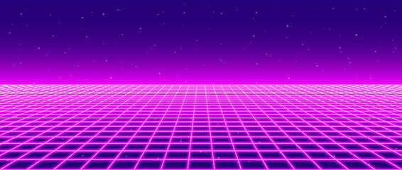 Neon wireframe horizon background. Light pink grid room floor in perspective. Glow magenta retro futuristic wallpaper. Abstract checkered plane landscape. Neon game floor surface. Vector backdrop