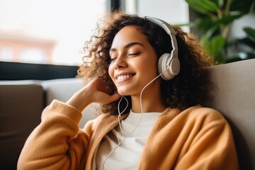 Pleased young woman in headphones listening to music while relaxing on sofa at home. - obrazy, fototapety, plakaty