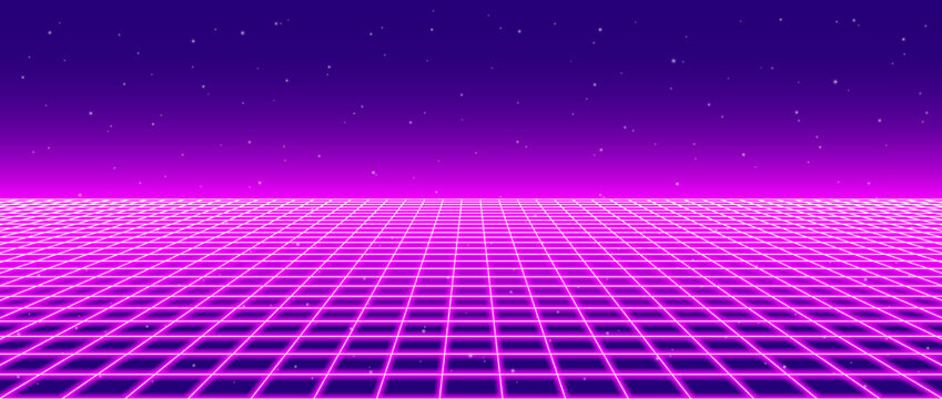 Neon wireframe horizon background. Light pink grid room floor in perspective. Glow magenta retro futuristic wallpaper. Abstract checkered plane landscape. Neon game floor surface. Vector backdrop
