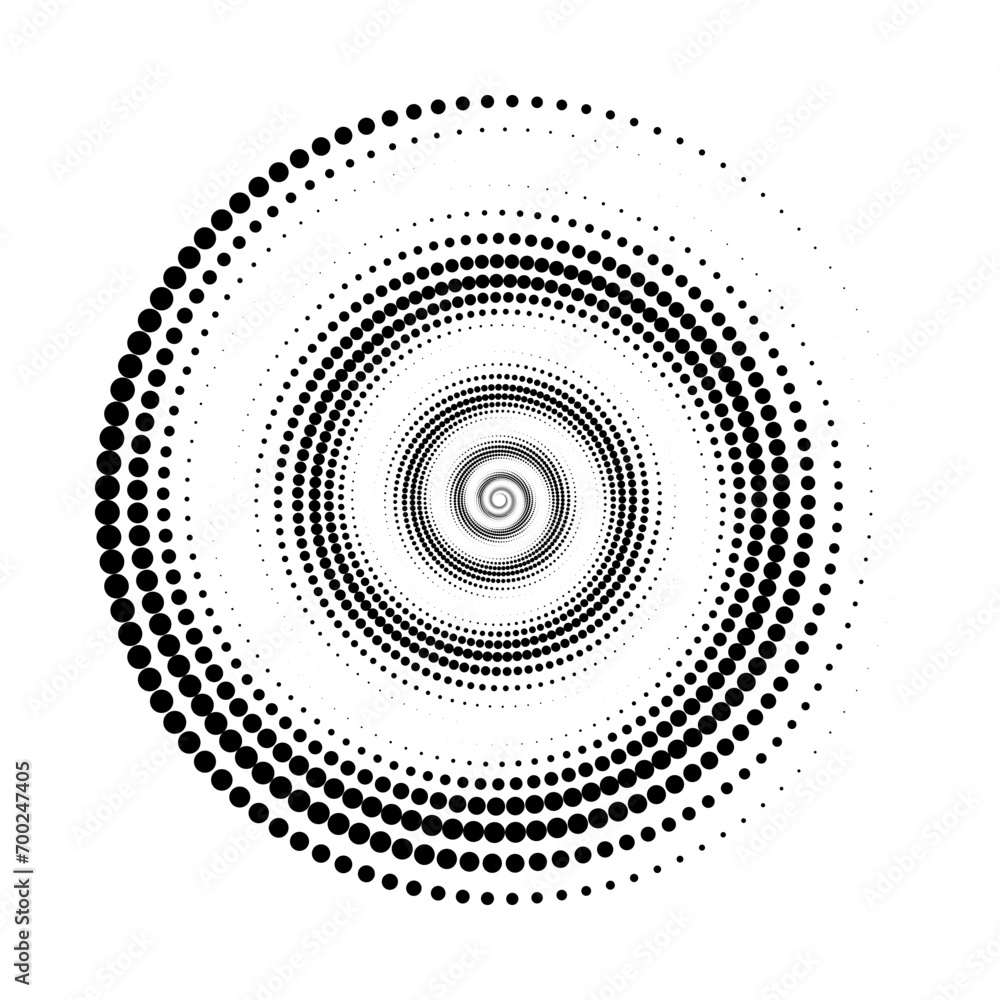 Aufkleber Dotted spiral lines element. Radial helix halftone form. Circle swirl dots shape. Spinning geometric wheel for poster, banner, logo, icon, collage, presentation, booklet. Vector optical art