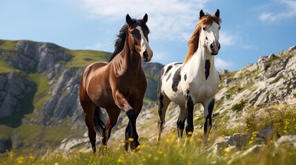 photo of brown and white and black horses on the field in mountains