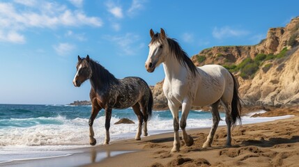 Fototapeta premium Horses on the beach in Algarve region, Portugal.