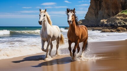 Two horses running on the sandy beach in Algarve, Portugal