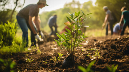 A community planting trees in a local park for environmental conservation. - obrazy, fototapety, plakaty