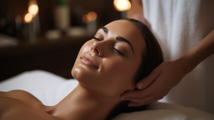Obraz na płótnie Canvas Pretty mexican girl receiving a facial massage in a premium spa, dove aesthetics