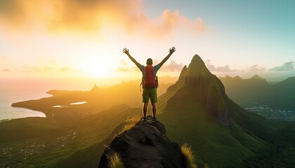 Man with arms up celebrating on top of the mountains , Hiker enjoying freedom on a hill at sunset , Freedom, sport, success and mental health - obrazy, fototapety, plakaty