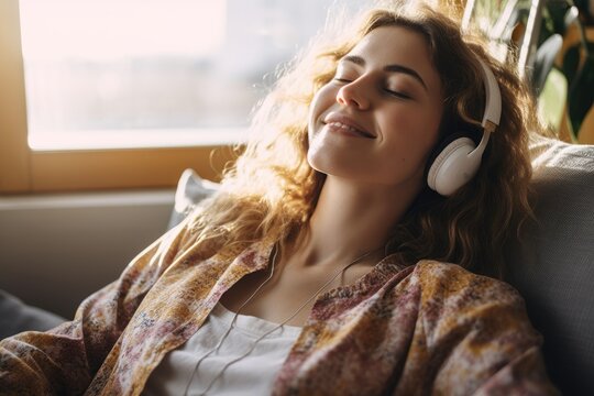 Relaxed young woman lying on the sofa with closed eyes listening to music happy in an apartment,real,photo