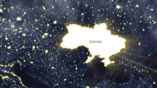 Night Earth view from space with a highlighted map of Ukraine in silhouette. The camera smoothly moves from Western Europe to Eastern Europe, showcasing the geography with a title overlay.