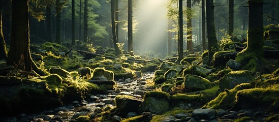 Green mossy forest with beautiful light from the sun shining between the trees - obrazy, fototapety, plakaty