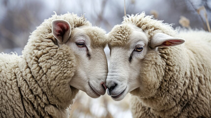 sheep in winter, Tow sheeps meets and kiss in San Valentine Day. Love and animals - Powered by Adobe