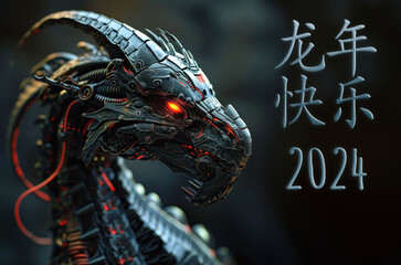 Fototapeta premium carte de vœux 2024 d'un dragon robot futuriste pour le nouvel an chinois, texte en chinois 