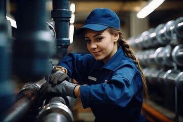 Woman plumber working near metal pipes indoor, female professional occupation.  - obrazy, fototapety, plakaty
