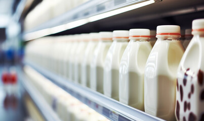 Fresh organic milk, yogurt in the fridge a supermarket, Variety Shopping  in a supermarket, healthy consumerism food concept. - obrazy, fototapety, plakaty