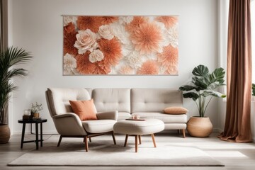 Interior home design of modern living room with white recliner chair and abstract wall hanging paper cut flower poster on white wall