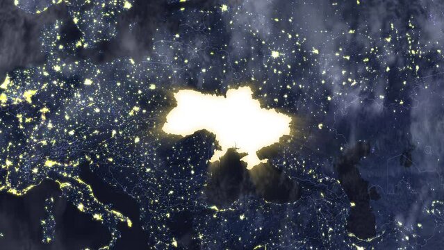 Silhouette map of Ukraine, brilliantly illuminated amidst the European night map. As the camera gracefully pulls away, neighboring countries gradually unveil, painting a portrait of regional unity.