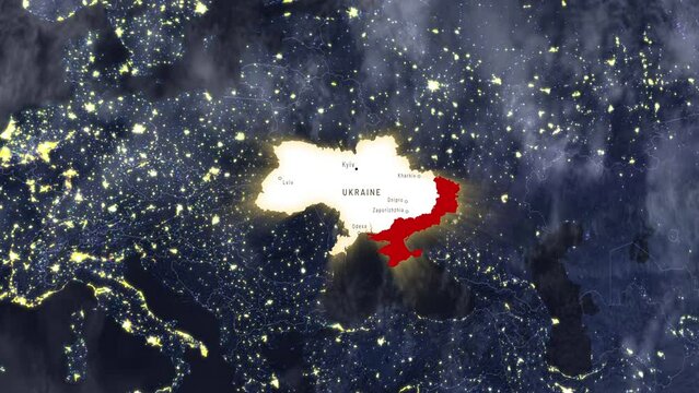 Ukraine highlighted on a night world map, featuring major cities' names; occupied territories marked in red. Camera dynamically zooms out, revealing the geopolitical context.