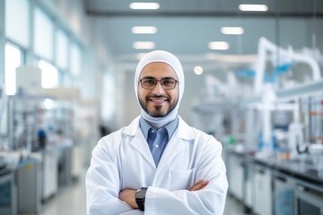 Fototapeta na wymiar Young arabic woman Working as Engineer or Scientist in Technology Research Facility portrait looking at camera
